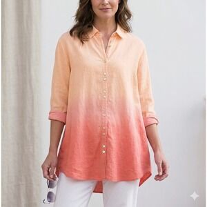 Soft Surroundings Button Down Tunic Womens L Orange Ombre Cotton Summer Vacation